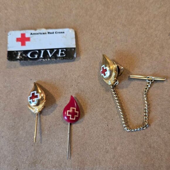 Vintage Red Cross Pins & Tie Tack Lapel Pin Set - Picture 1 of 6